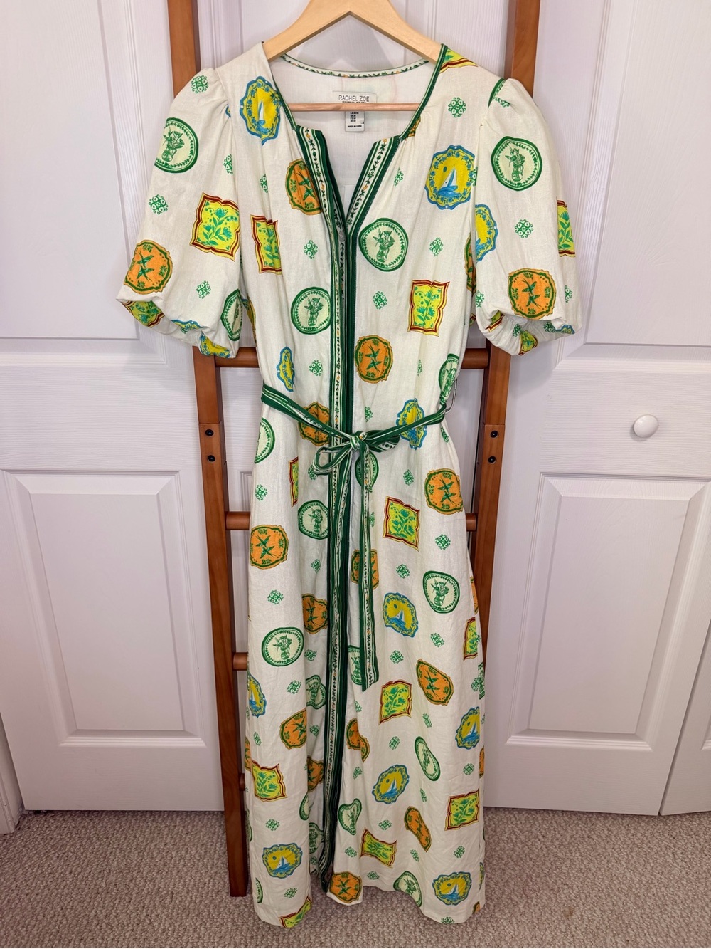 Rachel Zoe Mediterranean Print Linen Blend Belted Maxi Dress M - Picture 2 of 7